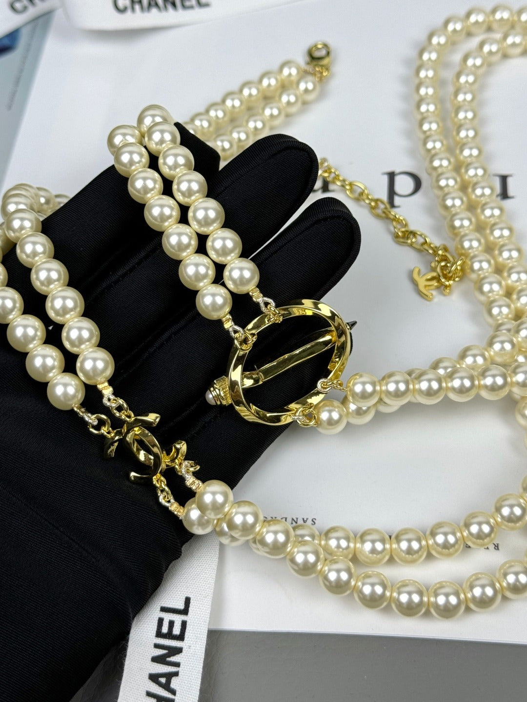 Renovia Schmuck 25K Bleistift Doppel C Doppellagige Perlenpulloverkette