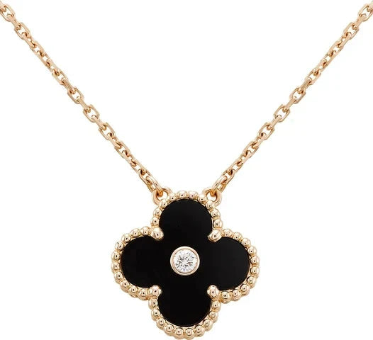 [Renovia Jewelry]CLOVER 15MM DIAMOND ONYX NECKLACE