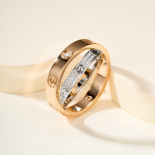 {"text":"[Renovia Jewelry]LOVE PINK GOLD SILVER DIAMOND DOUBLE RING"}