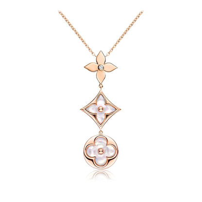 [Renovia Jewelry]COLOR BLOSSOM LARIAT NECKLACE PINK GOLD WHITE MOTHER PEARL AND DIAMOND
