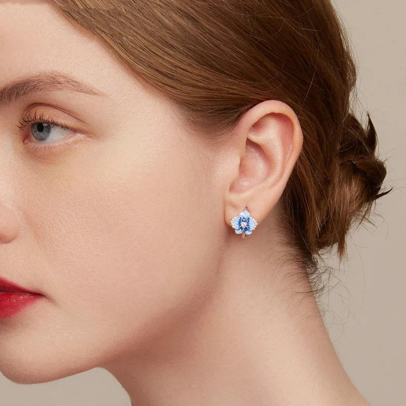 Blaue Emaille Schmetterling Orchidee Ohrclips Phalaenopsis Blume Ohrringe